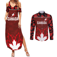 Custom Canadian Rugby Couples Matching Summer Maxi Dress and Long Sleeve Button Shirt Maple Leaves Sporty Art Style Red Color - Wonder Print Shop