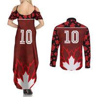 Custom Canadian Rugby Couples Matching Summer Maxi Dress and Long Sleeve Button Shirt Maple Leaves Sporty Art Style Red Color - Wonder Print Shop