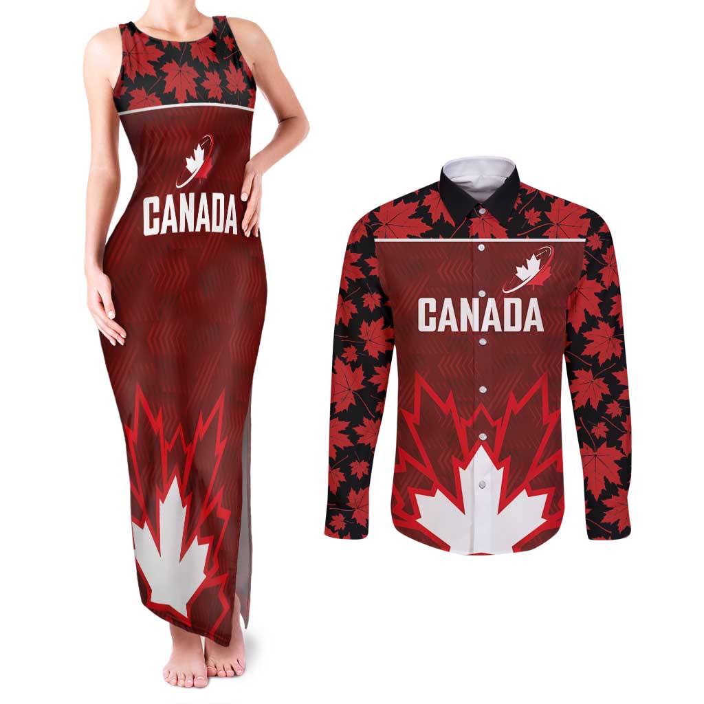 Custom Canadian Rugby Couples Matching Tank Maxi Dress and Long Sleeve Button Shirt Maple Leaves Sporty Art Style Red Color - Wonder Print Shop