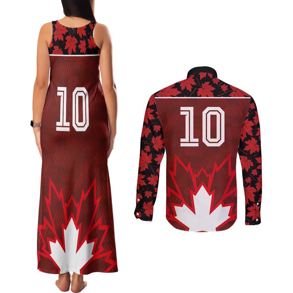 Custom Canadian Rugby Couples Matching Tank Maxi Dress and Long Sleeve Button Shirt Maple Leaves Sporty Art Style Red Color - Wonder Print Shop