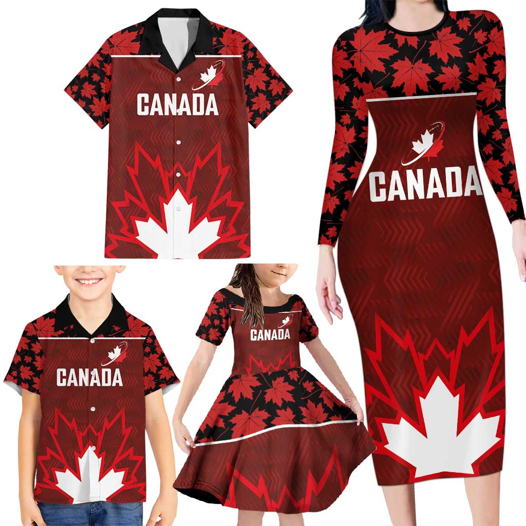 Custom Canadian Rugby Family Matching Long Sleeve Bodycon Dress and Hawaiian Shirt Maple Leaves Sporty Art Style Red Color - Wonder Print Shop