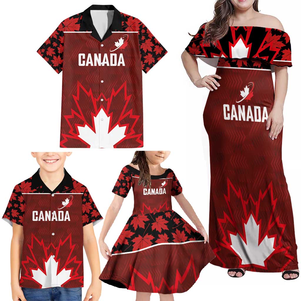 Custom Canadian Rugby Family Matching Off Shoulder Maxi Dress and Hawaiian Shirt Maple Leaves Sporty Art Style Red Color - Wonder Print Shop