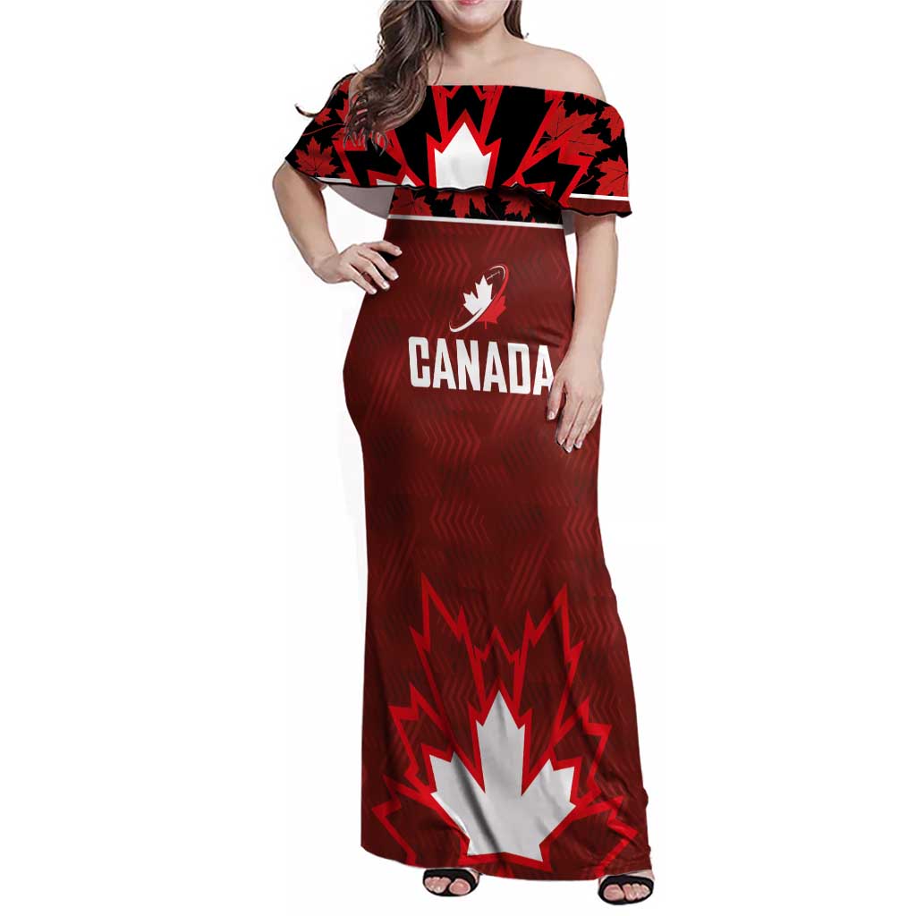 Custom Canadian Rugby Family Matching Off Shoulder Maxi Dress and Hawaiian Shirt Maple Leaves Sporty Art Style Red Color - Wonder Print Shop