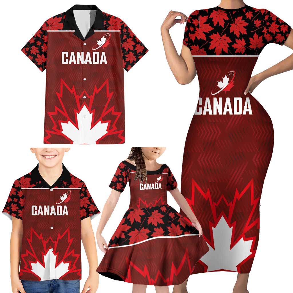 Custom Canadian Rugby Family Matching Short Sleeve Bodycon Dress and Hawaiian Shirt Maple Leaves Sporty Art Style Red Color - Wonder Print Shop