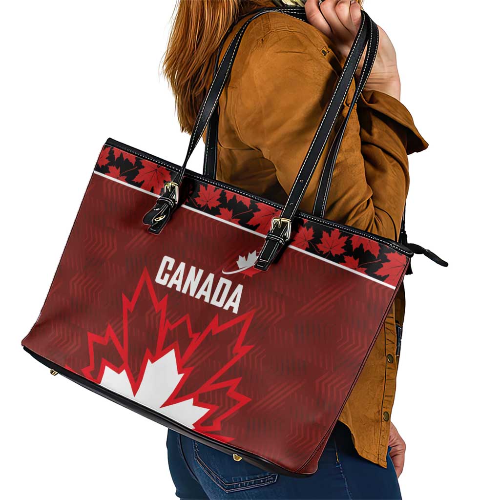Canadian Rugby Leather Tote Bag Maple Leaves Sporty Art Style Red Color - Wonder Print Shop