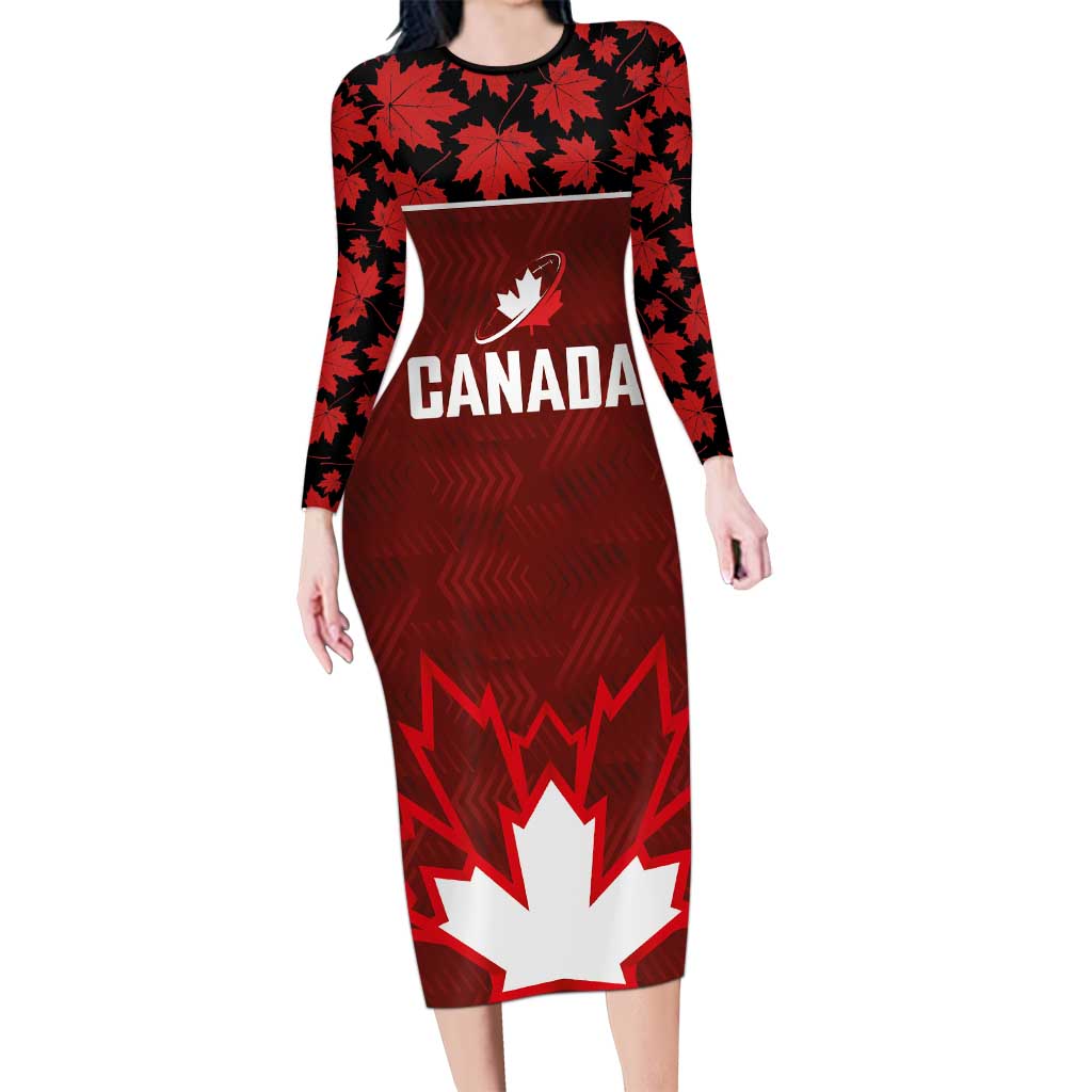 Custom Canadian Rugby Long Sleeve Bodycon Dress Maple Leaves Sporty Art Style Red Color - Wonder Print Shop