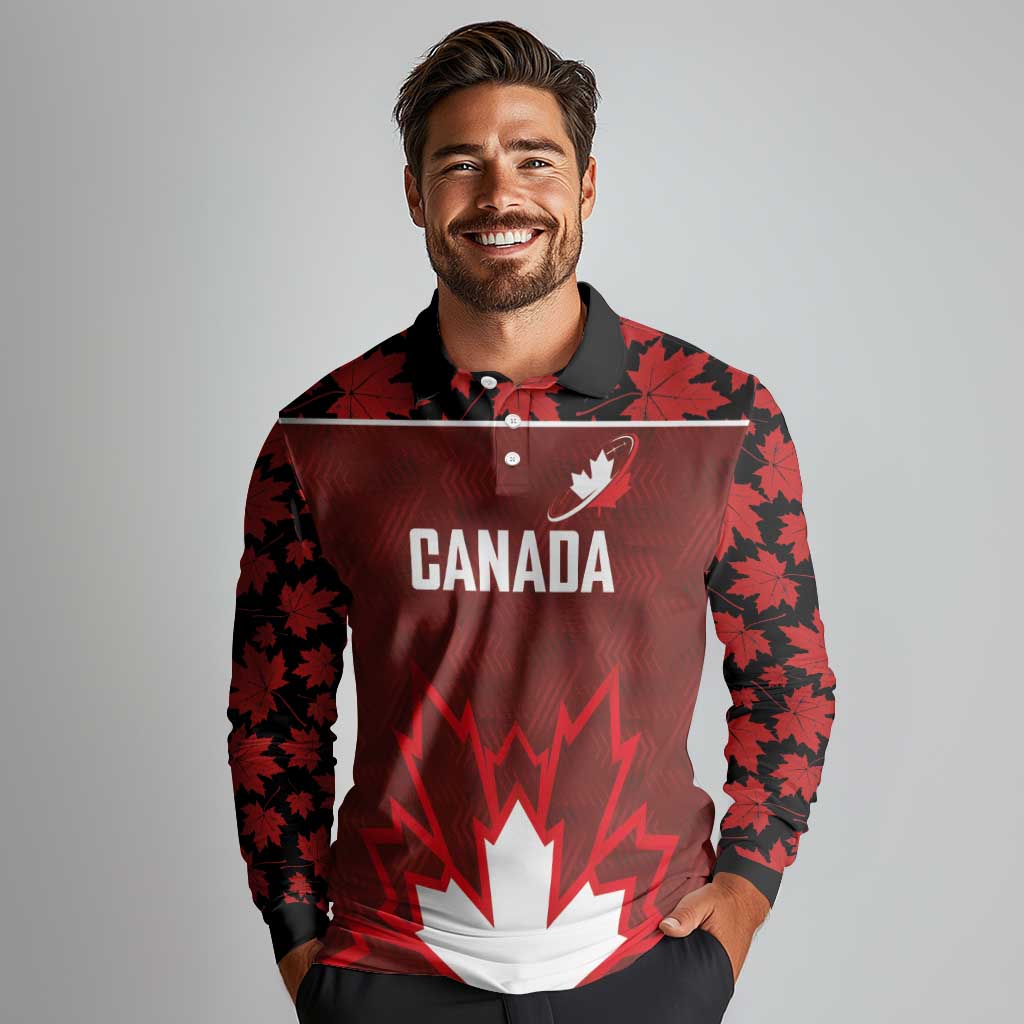 Custom Canadian Rugby Long Sleeve Polo Shirt Maple Leaves Sporty Art Style Red Color - Wonder Print Shop