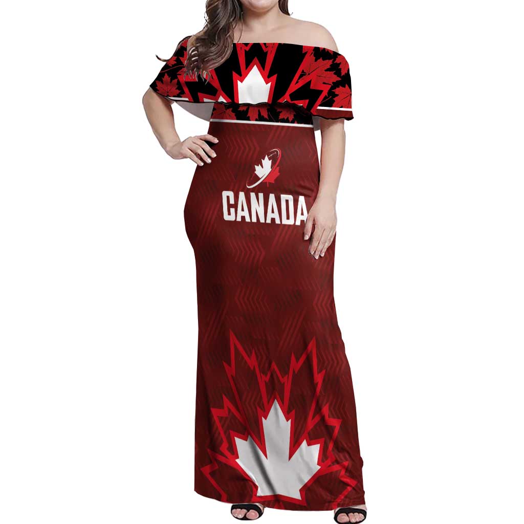 Custom Canadian Rugby Off Shoulder Maxi Dress Maple Leaves Sporty Art Style Red Color - Wonder Print Shop