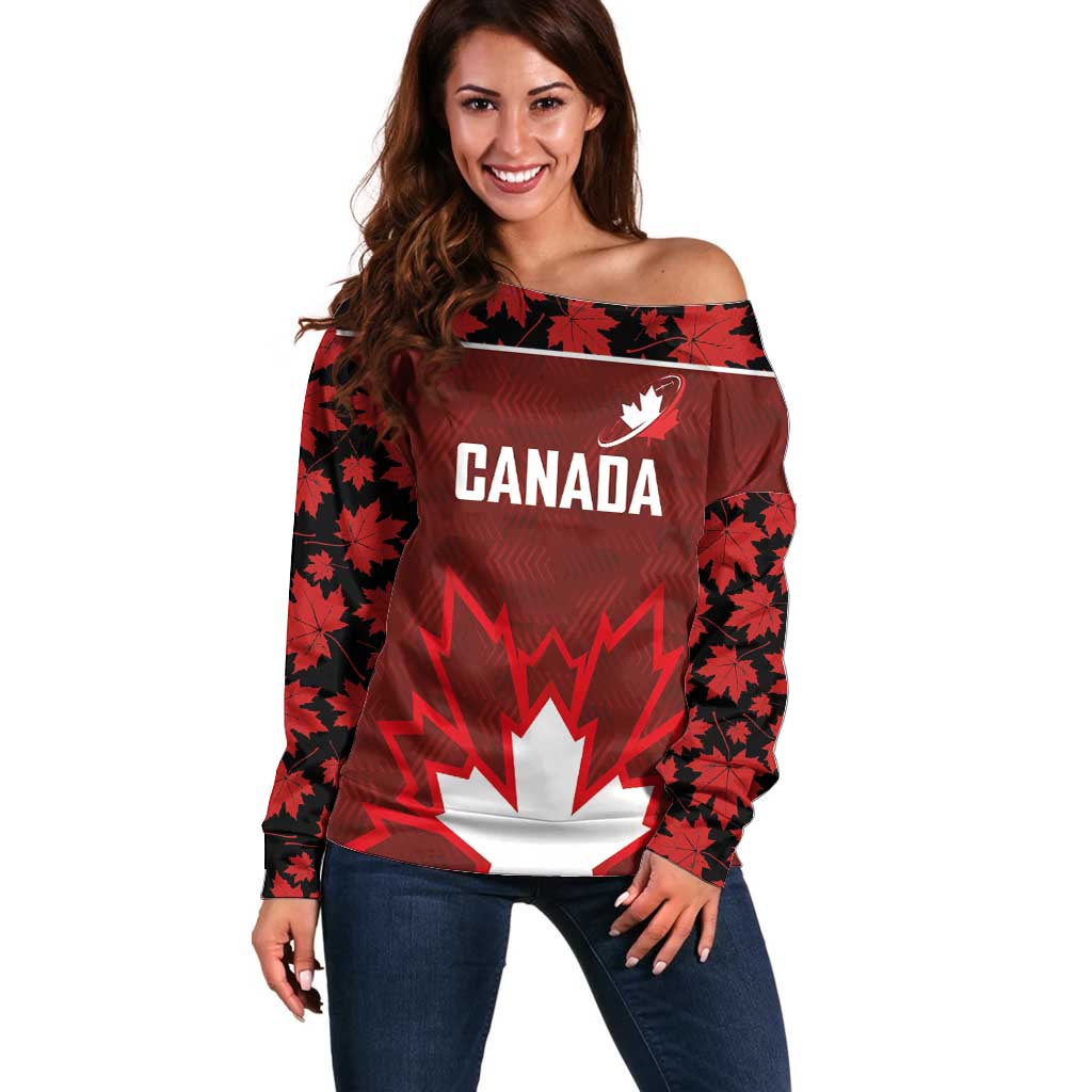 Custom Canadian Rugby Off Shoulder Sweater Maple Leaves Sporty Art Style Red Color - Wonder Print Shop