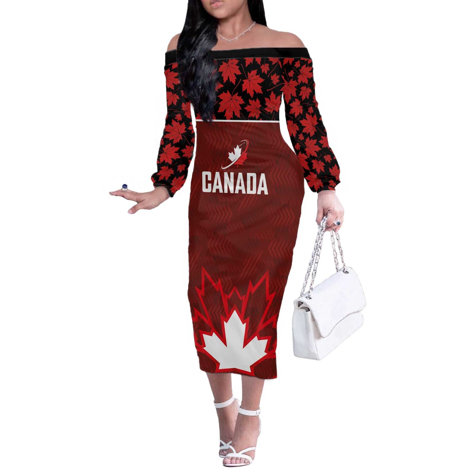 Custom Canadian Rugby Off The Shoulder Long Sleeve Dress Maple Leaves Sporty Art Style Red Color - Wonder Print Shop