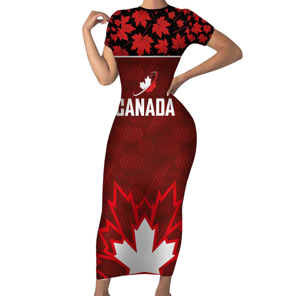 Custom Canadian Rugby Short Sleeve Bodycon Dress Maple Leaves Sporty Art Style Red Color - Wonder Print Shop