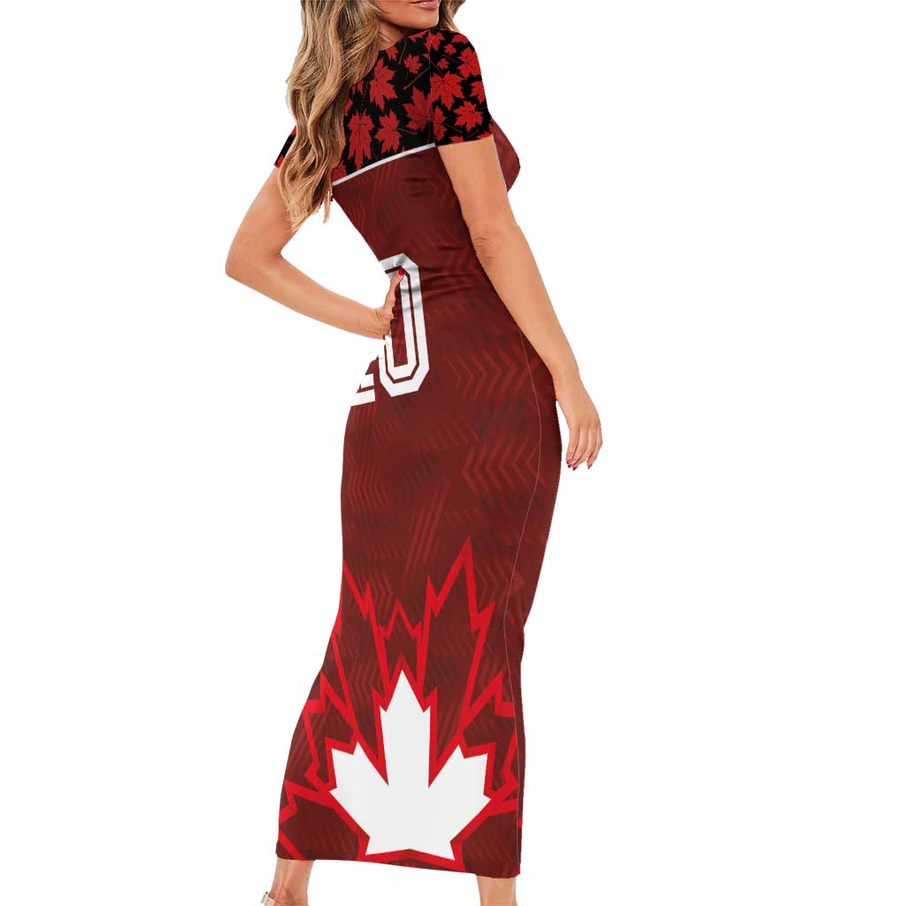 Custom Canadian Rugby Short Sleeve Bodycon Dress Maple Leaves Sporty Art Style Red Color - Wonder Print Shop