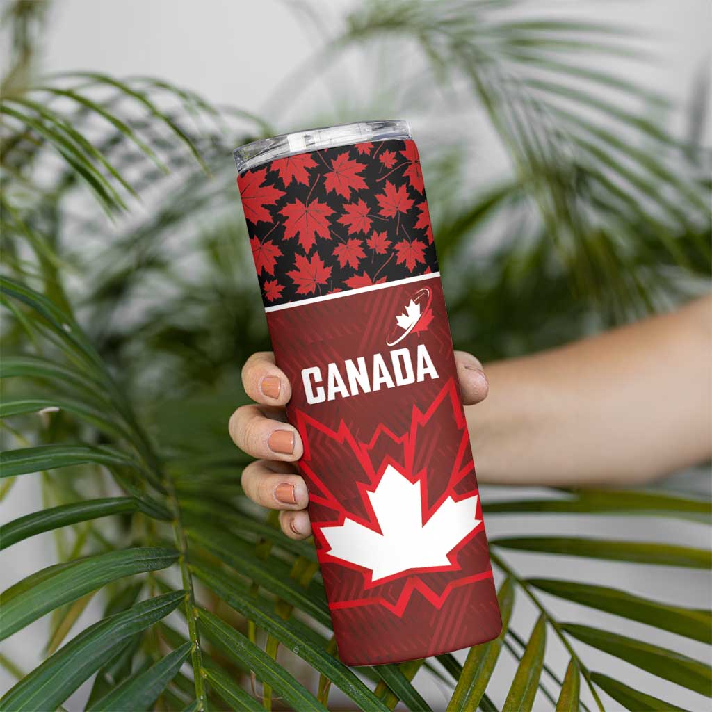 Custom Canadian Rugby Skinny Tumbler Maple Leaves Sporty Art Style Red Color - Wonder Print Shop