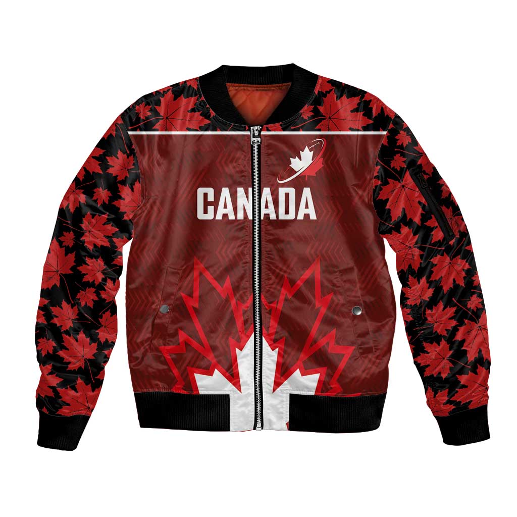 Custom Canadian Rugby Sleeve Zip Bomber Jacket Maple Leaves Sporty Art Style Red Color - Wonder Print Shop