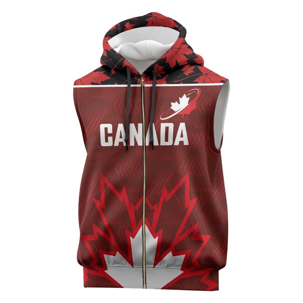Custom Canadian Rugby Sleeveless Zip Hoodie Maple Leaves Sporty Art Style Red Color - Wonder Print Shop