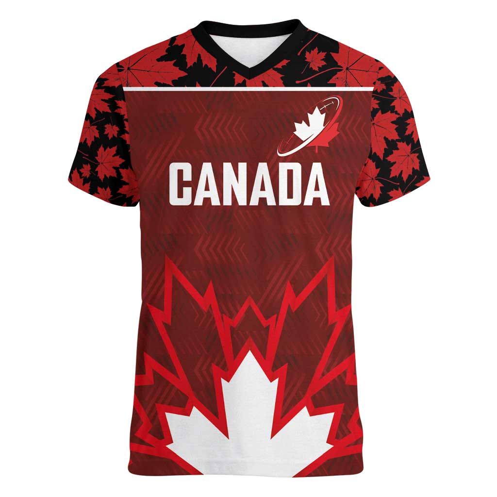 Custom Canadian Rugby Women V-Neck T-Shirt Maple Leaves Sporty Art Style Red Color - Wonder Print Shop