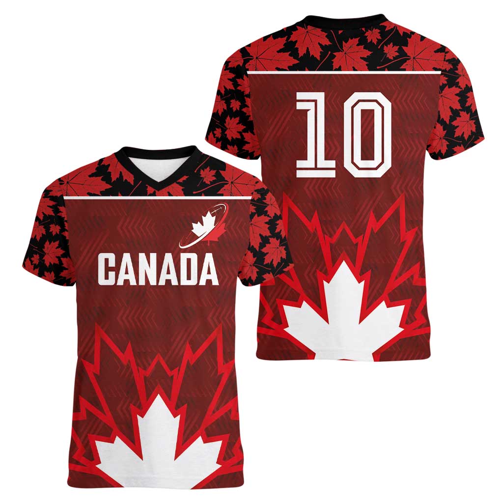 Custom Canadian Rugby Women V-Neck T-Shirt Maple Leaves Sporty Art Style Red Color - Wonder Print Shop