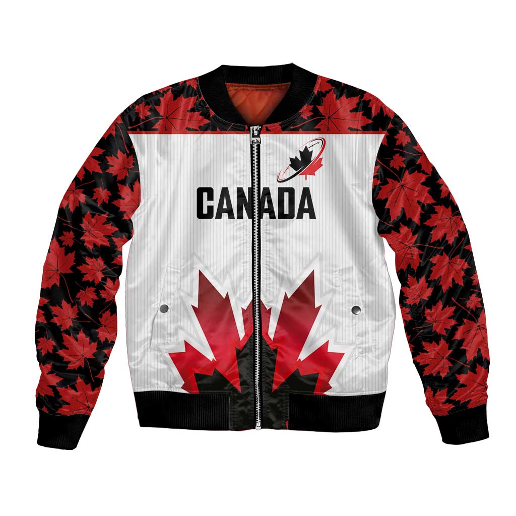Custom Canadian Rugby Bomber Jacket Maple Leaves Sporty Art Style White Color - Wonder Print Shop