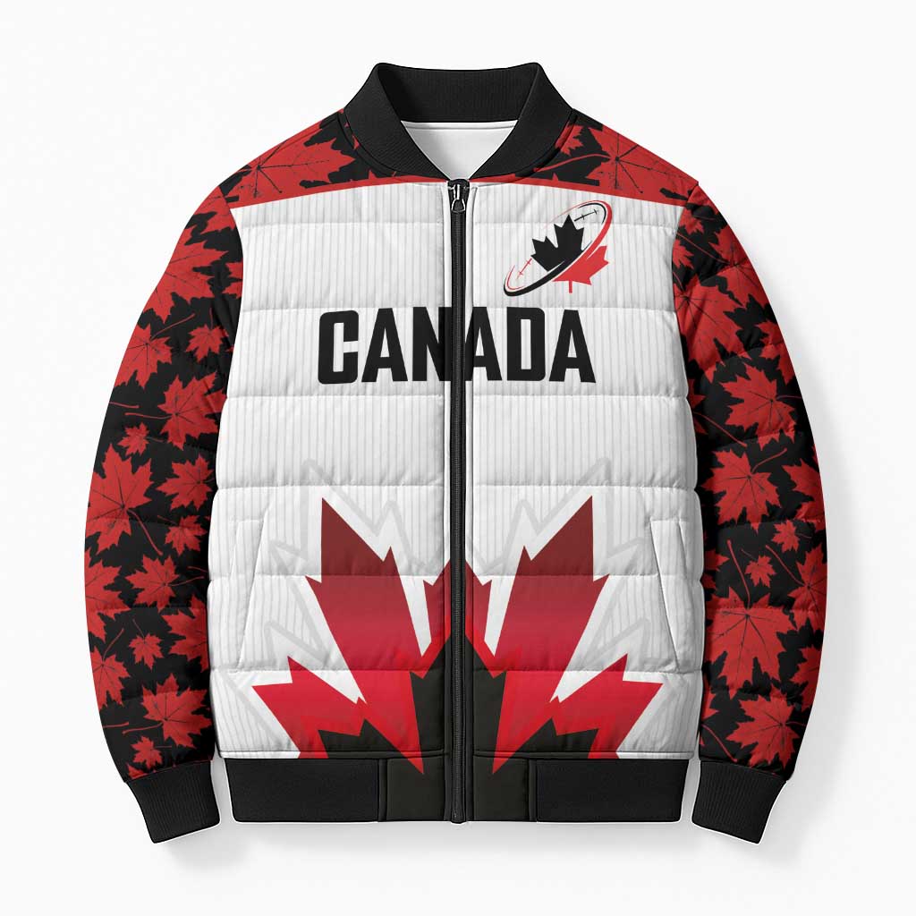 Custom Canadian Rugby Bomber Puffer Jacket Maple Leaves Sporty Art Style White Color - Wonder Print Shop