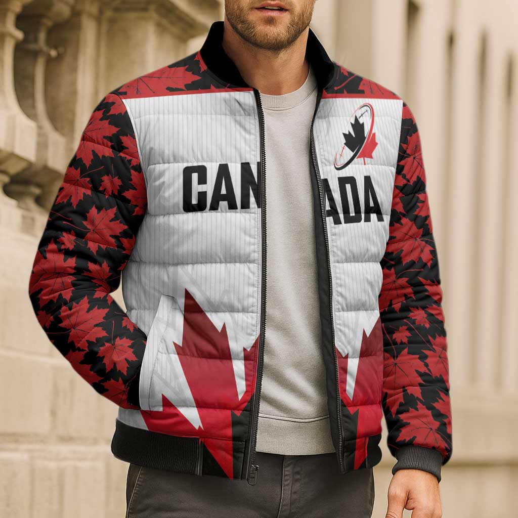 Custom Canadian Rugby Bomber Puffer Jacket Maple Leaves Sporty Art Style White Color - Wonder Print Shop
