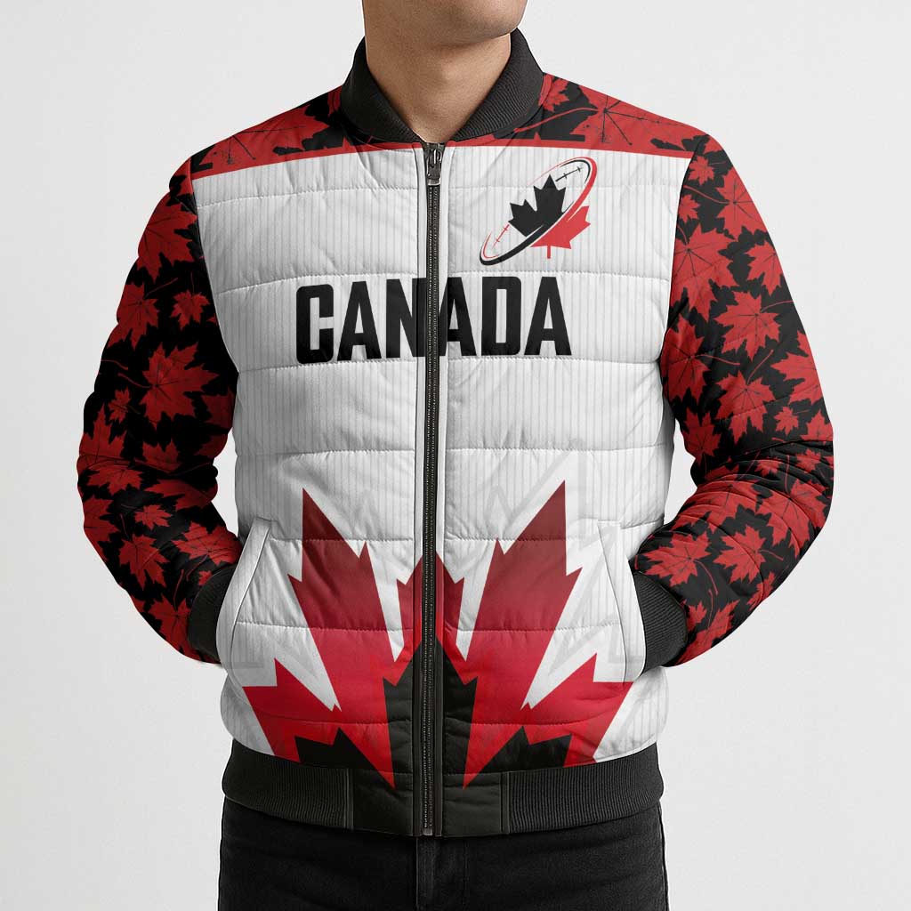 Custom Canadian Rugby Bomber Puffer Jacket Maple Leaves Sporty Art Style White Color - Wonder Print Shop