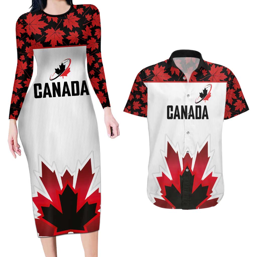 Custom Canadian Rugby Couples Matching Long Sleeve Bodycon Dress and Hawaiian Shirt Maple Leaves Sporty Art Style White Color - Wonder Print Shop