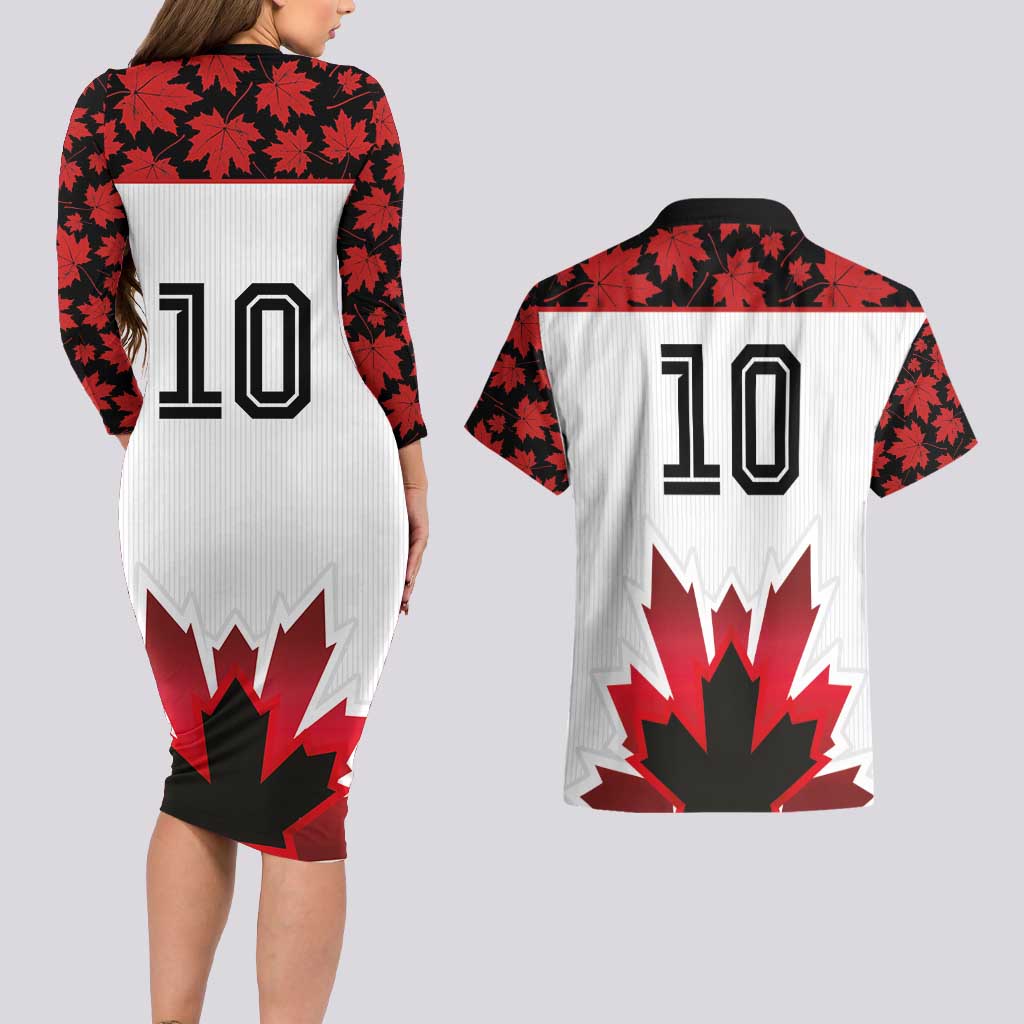 Custom Canadian Rugby Couples Matching Long Sleeve Bodycon Dress and Hawaiian Shirt Maple Leaves Sporty Art Style White Color - Wonder Print Shop