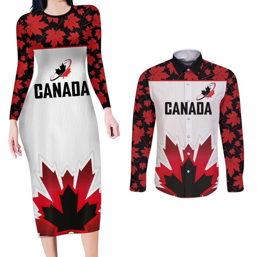 Custom Canadian Rugby Couples Matching Long Sleeve Bodycon Dress and Long Sleeve Button Shirt Maple Leaves Sporty Art Style White Color - Wonder Print Shop
