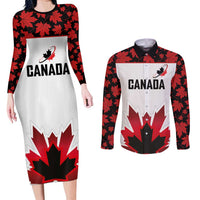 Custom Canadian Rugby Couples Matching Long Sleeve Bodycon Dress and Long Sleeve Button Shirt Maple Leaves Sporty Art Style White Color - Wonder Print Shop
