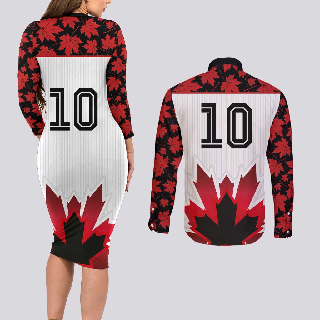 Custom Canadian Rugby Couples Matching Long Sleeve Bodycon Dress and Long Sleeve Button Shirt Maple Leaves Sporty Art Style White Color - Wonder Print Shop