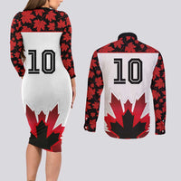 Custom Canadian Rugby Couples Matching Long Sleeve Bodycon Dress and Long Sleeve Button Shirt Maple Leaves Sporty Art Style White Color - Wonder Print Shop