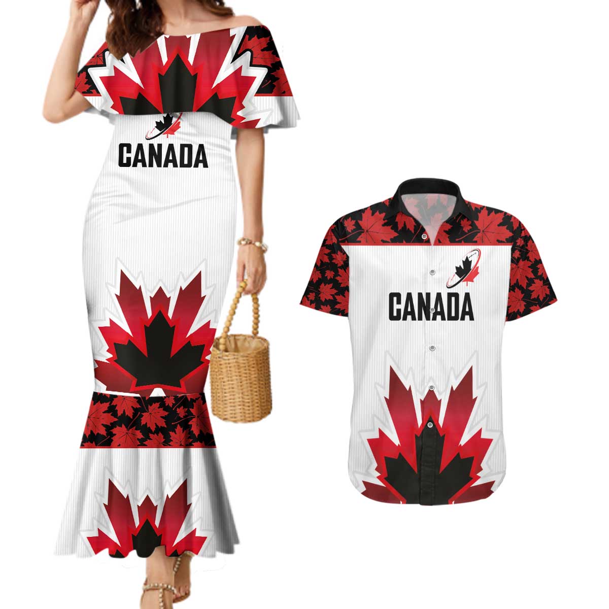 Custom Canadian Rugby Couples Matching Mermaid Dress and Hawaiian Shirt Maple Leaves Sporty Art Style White Color - Wonder Print Shop