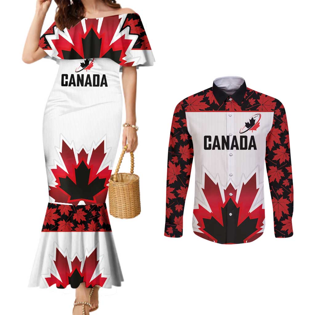 Custom Canadian Rugby Couples Matching Mermaid Dress and Long Sleeve Button Shirt Maple Leaves Sporty Art Style White Color - Wonder Print Shop