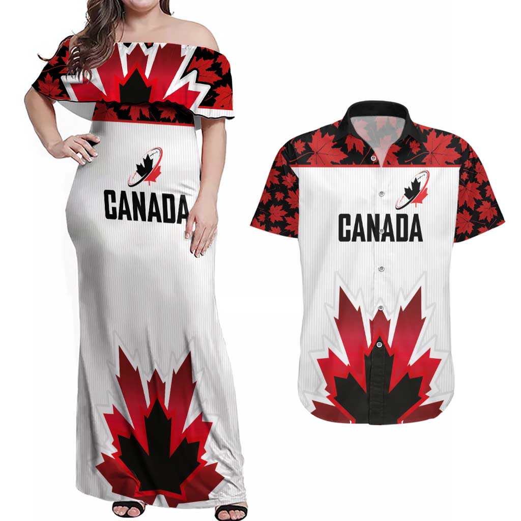 Custom Canadian Rugby Couples Matching Off Shoulder Maxi Dress and Hawaiian Shirt Maple Leaves Sporty Art Style White Color - Wonder Print Shop