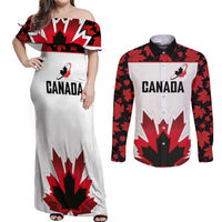 Custom Canadian Rugby Couples Matching Off Shoulder Maxi Dress and Long Sleeve Button Shirt Maple Leaves Sporty Art Style White Color - Wonder Print Shop