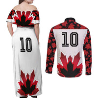 Custom Canadian Rugby Couples Matching Off Shoulder Maxi Dress and Long Sleeve Button Shirt Maple Leaves Sporty Art Style White Color - Wonder Print Shop