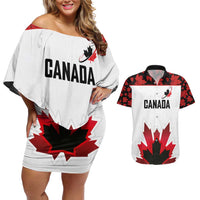 Custom Canadian Rugby Couples Matching Off Shoulder Short Dress and Hawaiian Shirt Maple Leaves Sporty Art Style White Color - Wonder Print Shop