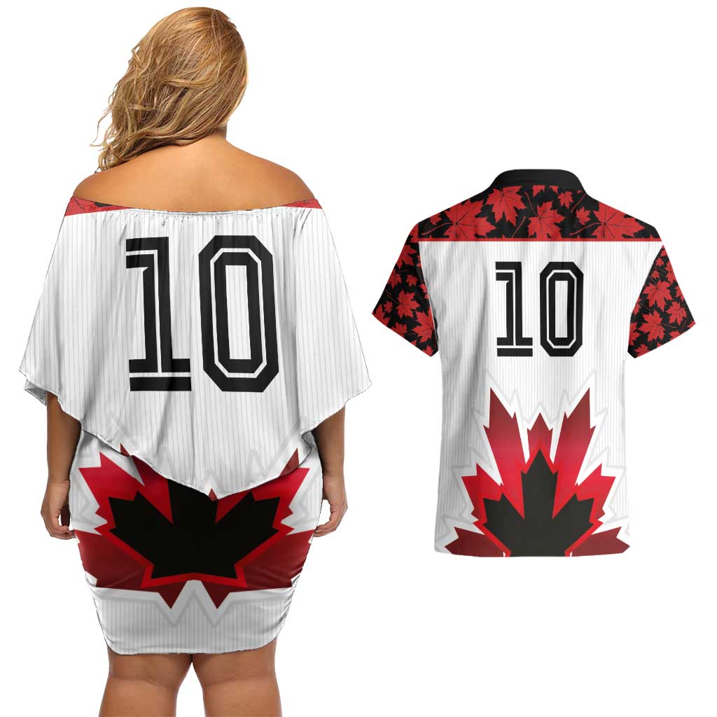 Custom Canadian Rugby Couples Matching Off Shoulder Short Dress and Hawaiian Shirt Maple Leaves Sporty Art Style White Color - Wonder Print Shop