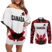 Custom Canadian Rugby Couples Matching Off Shoulder Short Dress and Long Sleeve Button Shirt Maple Leaves Sporty Art Style White Color - Wonder Print Shop