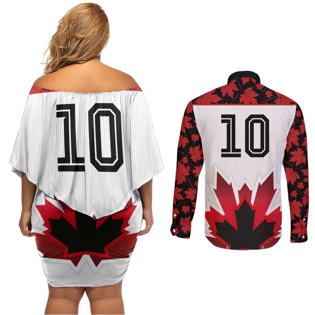 Custom Canadian Rugby Couples Matching Off Shoulder Short Dress and Long Sleeve Button Shirt Maple Leaves Sporty Art Style White Color - Wonder Print Shop