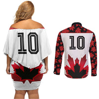 Custom Canadian Rugby Couples Matching Off Shoulder Short Dress and Long Sleeve Button Shirt Maple Leaves Sporty Art Style White Color - Wonder Print Shop