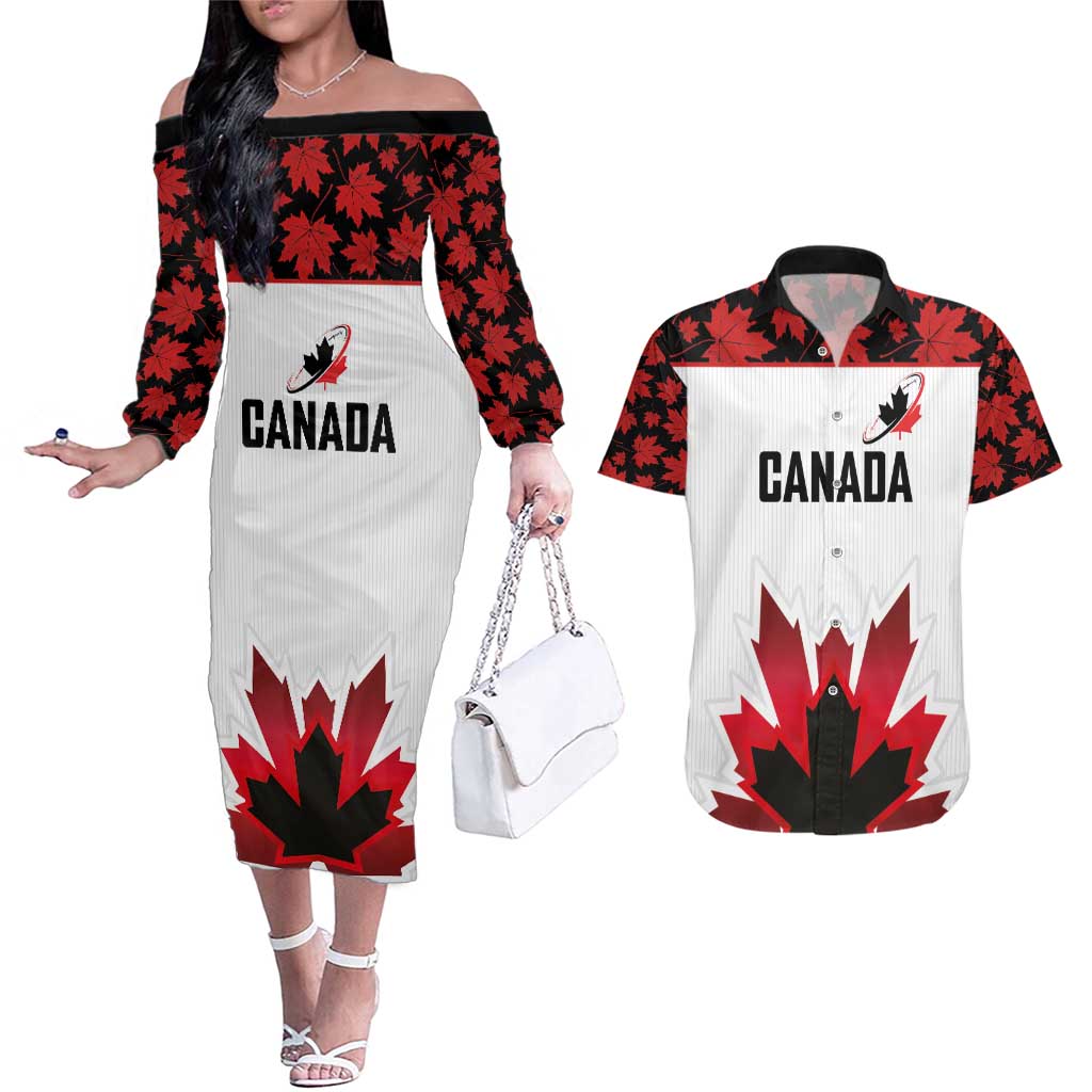 Custom Canadian Rugby Couples Matching Off The Shoulder Long Sleeve Dress and Hawaiian Shirt Maple Leaves Sporty Art Style White Color - Wonder Print Shop