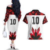 Custom Canadian Rugby Couples Matching Off The Shoulder Long Sleeve Dress and Hawaiian Shirt Maple Leaves Sporty Art Style White Color - Wonder Print Shop