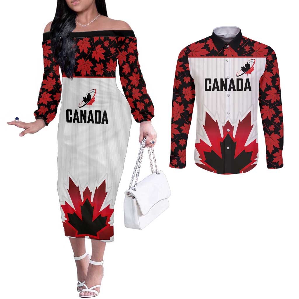 Custom Canadian Rugby Couples Matching Off The Shoulder Long Sleeve Dress and Long Sleeve Button Shirt Maple Leaves Sporty Art Style White Color - Wonder Print Shop