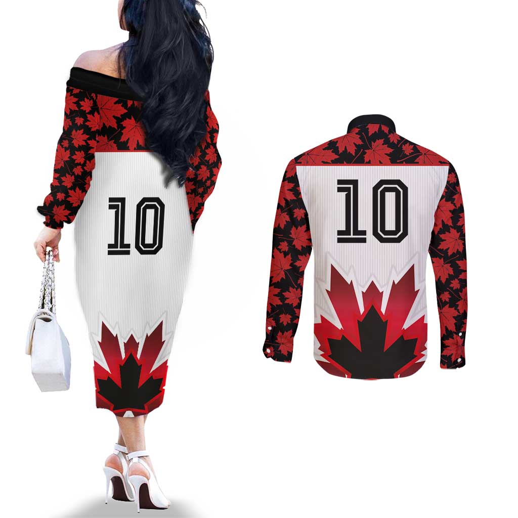 Custom Canadian Rugby Couples Matching Off The Shoulder Long Sleeve Dress and Long Sleeve Button Shirt Maple Leaves Sporty Art Style White Color - Wonder Print Shop