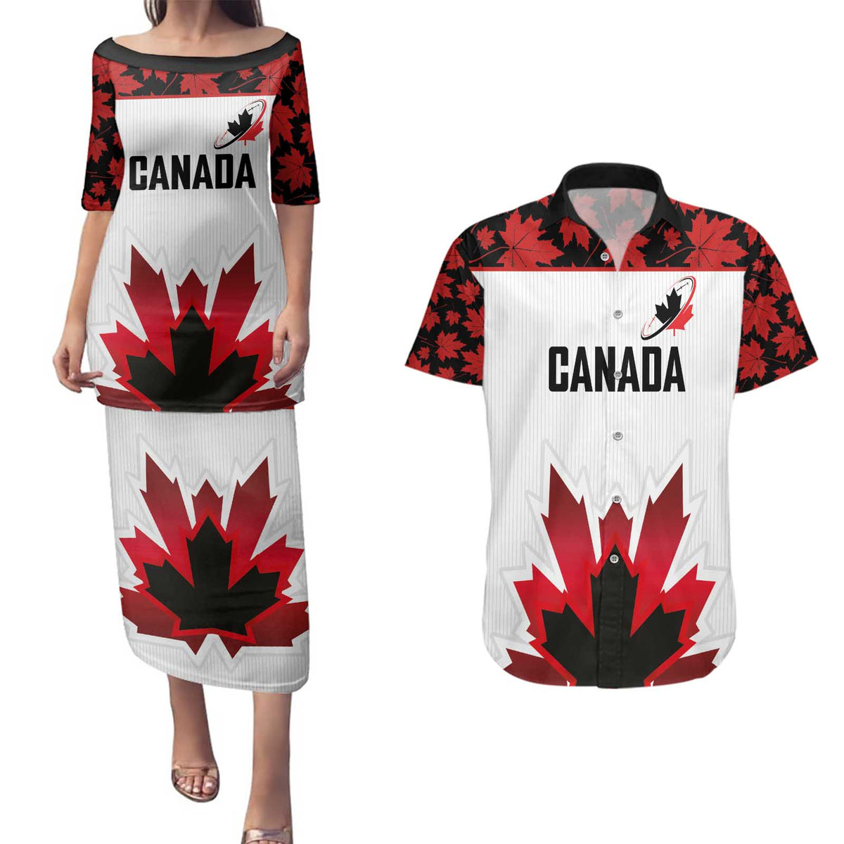 Custom Canadian Rugby Couples Matching Puletasi and Hawaiian Shirt Maple Leaves Sporty Art Style White Color - Wonder Print Shop