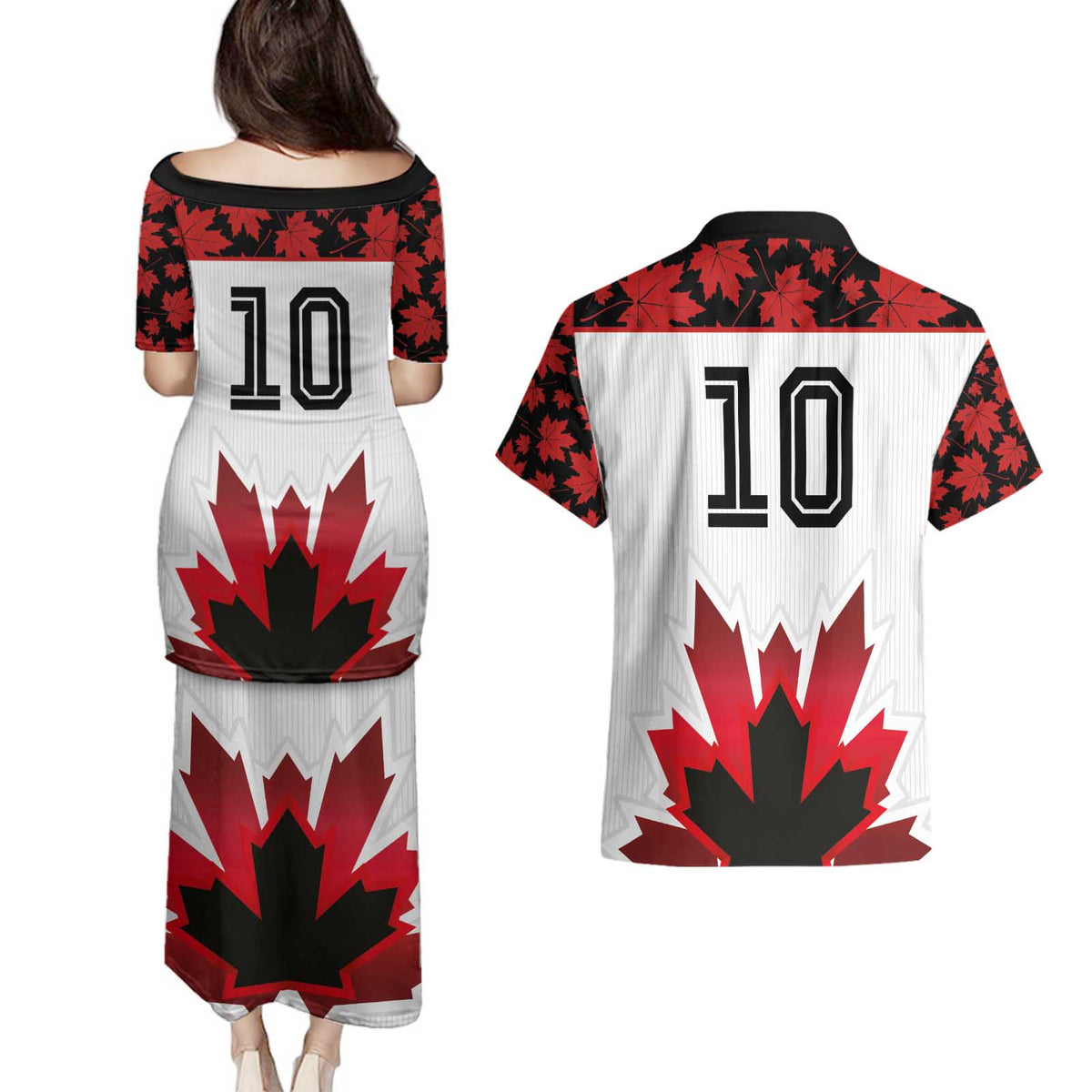 Custom Canadian Rugby Couples Matching Puletasi and Hawaiian Shirt Maple Leaves Sporty Art Style White Color - Wonder Print Shop