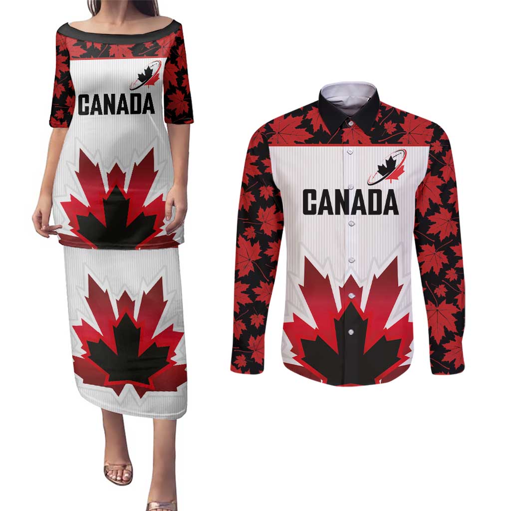 Custom Canadian Rugby Couples Matching Puletasi and Long Sleeve Button Shirt Maple Leaves Sporty Art Style White Color - Wonder Print Shop