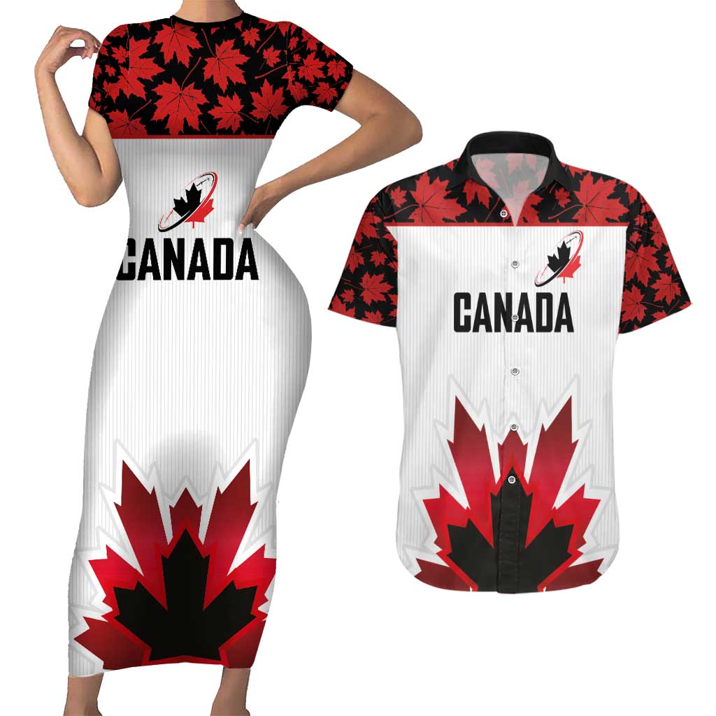 Custom Canadian Rugby Couples Matching Short Sleeve Bodycon Dress and Hawaiian Shirt Maple Leaves Sporty Art Style White Color - Wonder Print Shop