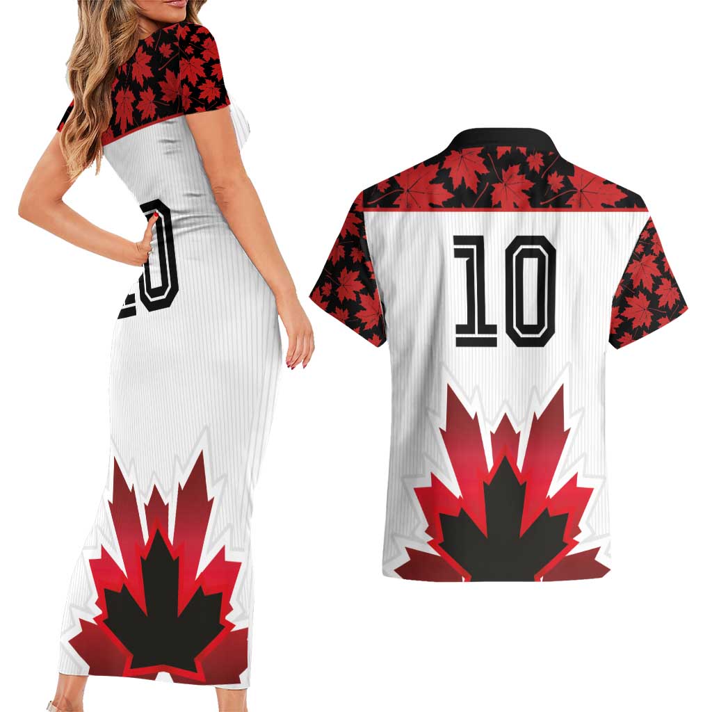 Custom Canadian Rugby Couples Matching Short Sleeve Bodycon Dress and Hawaiian Shirt Maple Leaves Sporty Art Style White Color - Wonder Print Shop